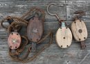 Four Antique Block And Tackles All Single Pulley - 2 Are Roped Together