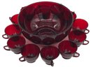 13 Pcs Vintage Ruby Red 10' Diam. X 5'H Punch Bowl And Punch Cups