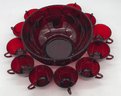 13 Pcs Vintage Ruby Red 10' Diam. X 5'H Punch Bowl And Punch Cups