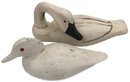Vintage Pair  Carved White Decoys, 1-swan 12' X 5.5' X 5.5' & 1-duck