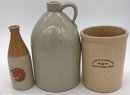 3 Pcs Vintage Salt Glaze Pottery 1 Gallon Jug 1876 Centennial Beer Bottle And Croc The Wales Co. Newton Center
