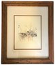 Vintage Hand-Colored Pencil Drawing Of Three Rabbits, Pencil Signed, Matted In Oak Frame