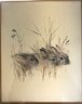 Vintage Hand-Colored Pencil Drawing Of Three Rabbits, Pencil Signed, Matted In Oak Frame