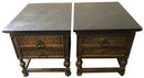Vintage Matched Pair MCM Carved Wood, 2-Drawer End Tables With Heavy Poured Stone Tops