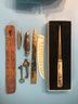 10 Pcs Lot Desk Top Items, Etched Letter Opener, 2 Pocket Knives, Fossil Watch Tin, And More