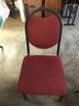 Pair Burgundy Upholstered Hotel Style Metal Chairs, 1-Arm Chair With Wood Arm Rests, 1-Straight Back