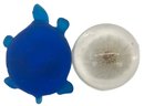 2 Desktop Paperweights - Hand-Blown Frosted Blue Glass Turtle And Acrylic Dome With Dandelion Fluff