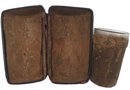 4 Pcs Lot - 3 Bar Shot Glasses (Antique Leather Wrapped In Leather Case), 1 Cut Crystal Bud Vase