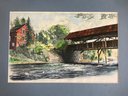 Original Matted, Unframed Water Color By David Tuttle, Trout FIshing On River With Covered Bridge