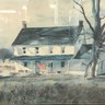Framed Print,Farmhouse And Hanging Laundry, Signed 'BYE'