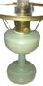 Antique Kerosene Oil Lamp With Green Case Glass Shade And Pale Green  Custard Glass Base