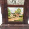 Vintage 8-Day Gothic Chime Steeple Clock, Mahogany Veneer, Painted Thatched Cottage On Glass