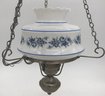 Newer Hanging Light With Blue Floral Design On White Glass Shade, 8' Diam., Single Light Bulb