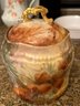 Fabulous Antique Hand Painted Lidded Pine Cone Themed Biscuit Barrel With Gold Handle