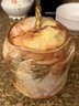 Fabulous Antique Hand Painted Lidded Pine Cone Themed Biscuit Barrel With Gold Handle