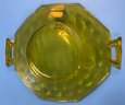 Vintage Heisey Marigold Uranium Glass Pieced Handled Etched Condiment Bowl And 12-Sided Swirl Plate