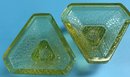 Vintage Yellow Uranium Glass Crackle 6-Sided  Triangular Candlestick Holders