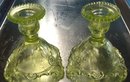 Pair Antique EAPG Uranium Tri-Footed Candlestick Holders, Candlewick Top, Paisley Sculpted Feet