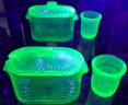 Two Pcs Vintage Yellow Uranium Glass 1-Irridescent Oval Coverd Condiment And 1 Just A Thimble  Full Measure