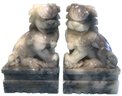 Pair Antique Or Vintage Chinese Carved Hard Stone Temple Foo Dogs On Plinth, 3-3/8'W X 2-1/2'D X 5-12'H