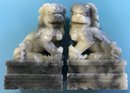 Pair Antique Or Vintage Chinese Carved Hard Stone Temple Foo Dogs On Plinth, 3-3/8'W X 2-1/2'D X 5-12'H