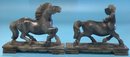 Pair Antique Or Vintage Chinese Carved Hard Stone Stallions Horses On Plinth, 6'W X 1-1/2'D X 5'H