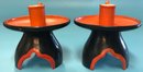 Pair Vintage Japanese Mitsu-Boshi Orange & Black Tri-Footed Porcelain Candlestick Holders, 4.75' Diam X 4.25'H