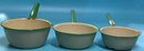 3 Pcs Vintage Cream And Green Rimmed Porcelain Kitchenware Pots, Graduated Sizes