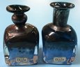 Pair Hand-Signed/Etched BODA Bottles Clear With Blue Interiors, 1-3/4' Sq X 3'H