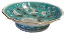 Antique 19thC Teal & Grey Floral Foliate Footed Bowl With Cartouche On Obverse, 7' Diam. X 2'H