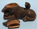 Antique Chinese Brown Clay Laying Dog Vessel With Money On Back, 5.5' X 2.25' X 3.5'H