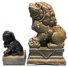 Two (2) Pcs Non-Matching Vintage Foo Dogs On Plinths, 1-Larger Ceramic And A Smaller Gray Marble