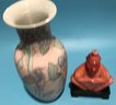 Two (2) Pcs Chinese Objects 1-20thC Pink Vase (6' Diam. X 13') & Vintage Pink & Gray Marble Confusious Statue