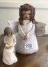 2 Pcs Figurines - Stoneware Angel 4.25' Diam X 7.25'H And Willow Tree Woman Reading Bible 'Wisdom'
