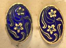Pair Antique Edwardian Gold With Blue Enamel Oval Collar Pins, 7/8' X 1/2'