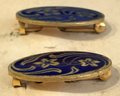 Pair Antique Edwardian Gold With Blue Enamel Oval Collar Pins, 7/8' X 1/2'