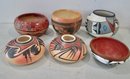 Vintage Lot Of Six Pcs (6) Decorated Native American Small Pottery Pots, Some Signed