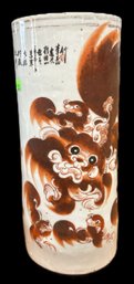 Antique 19thC Chinese Hand Painted Porcelain Cylinder Vase, Inscription & Dancing Foo Lions, 4-3/4' Diam. 11'H