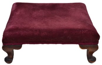 Vintage Red Velvet Covered Queen Anne Foot Stool, 16' X 13.5' X 6'H