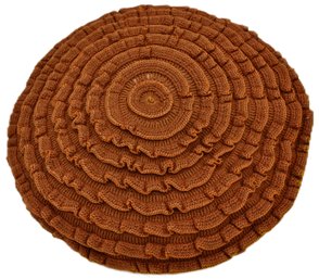 Vintage 16' Diam. Round Crocheted Ruffled Country Pillow In Cinnamon