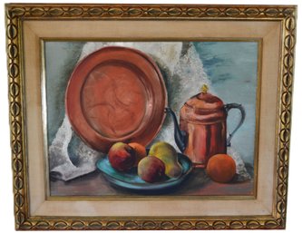 Framed Oil On Canvas Fruit & Copper Plate & Pot, Signed Judy Lyons 1964, Frame 32' X 26'H, Sight, 23.75' X 17.