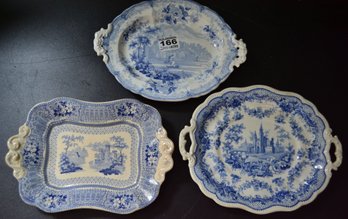 3 Pcs Antique Blue & White Transferware Bon-Bon Dishes, Largest 8.75' X 7'
