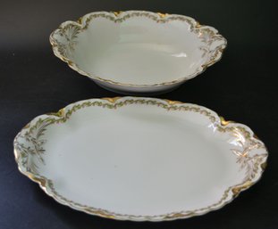 2 Pcs Vintage Haviland Limoges China Serving Bowl & Small Platter, Floral & Gold Rims & Scalloped Edges