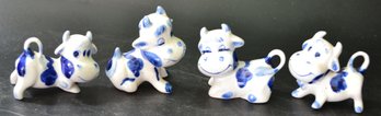 4 Pcs Vintage Similar Blue & White Small Ceramic Cows, Tallest 3'H