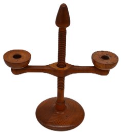 Vintage Turned Wood Treenware Rotating Double Candlestick Holder, 11' X 13'H