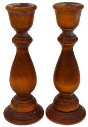 Vintage Pair Turned Wooden Treenware Candlestick Holders, 7.25'H
