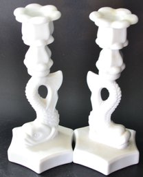 LARGE Vintage Pair Milk Glass Dolphin Candlestick Holders, 9.25'H