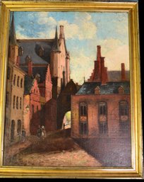 Antique G.A. Frost, Signed Oil On Canvas European Street Scene, 20'W X 24.5'H
