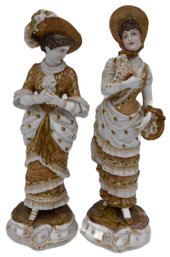 2 Pcs French Style Porcelain Statues Of Elegant Ladies With Gold Accents, 10.5'