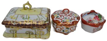 3 Pcs Antique Japanese Porcelain, Lidded Box IMPERIAL Nippon, Covered Sugar & Dresser Box